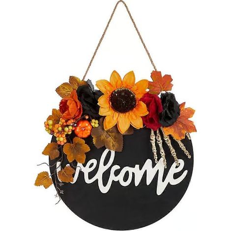 Décoration d'Halloween extérieure : panneau de porte réaliste avec fleurs pour une fête festive. (1/5)