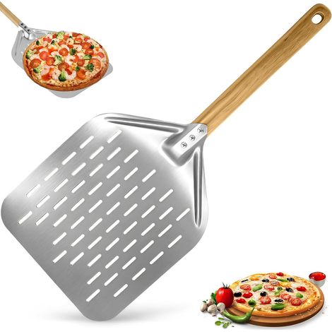 Pelle à Pizza Perforée 39,5 x 30 cm avec Poignée en Bois Longue Amovible, Spatule Pizza en Aluminium 12 Pouces, Coupe à Pizzas Grande Surface, Pelle Pain Cuisson pour Barbecue et Four (1/5)