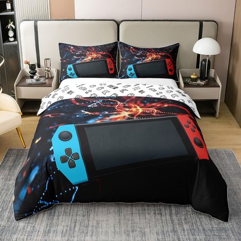 Gaming Housse de Couette 140x200cm Coton Garçons Moderne Jeu Vidéo Gamepad Parure de lit pour Enfants Gamer Console Housse de Couette Bleu Rouge Décor de Chambre avec 1 Taie d'oreiller - 140 x 200 cm (1/5)