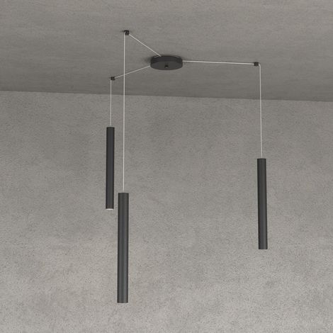 Lampadario top light round tube 1174 s3 gu10 led cilindro metallo moderno, finitura metallo nero