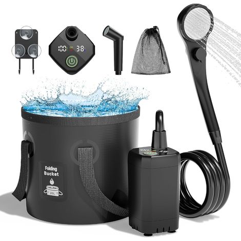 Ducha portátil para camping de 6000 mAh, bomba de ducha eléctrica recargable con cubo plegable de 18 litros, pantalla LED inteligente, múltiples modos de rociado, ducha portátil para exteriores. (1/5)