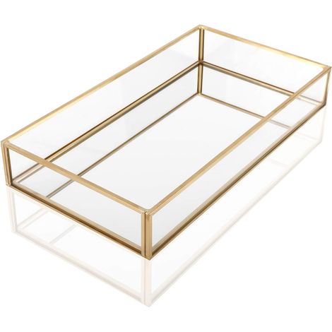 Bandeja dorada con espejo – 25×14×4 cm – tocador – organizador de perfumes – diseño compacto y elegante