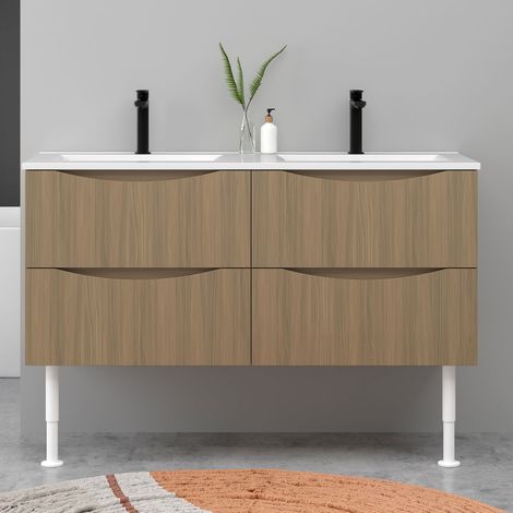 Meuble de salle de bain suspendu 120cm avec pieds + double vasque + 4 tiroirs, Noyer