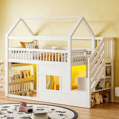 Modernluxe - Lit mezzanine en bois 90x200 cm - Avec échelle de rangement et LED - Barrière de sécurité - Cadre en bois - Blanc (sans matelas) (1/5)