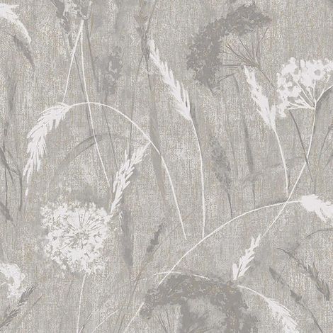Holden Decor Pappus Light Grey Flower Metallic Gold Textured Vinyl Wallpaper (1/4)