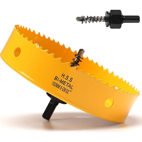 Scie cloche 150mm, Scie Trépan avec adaptateur hexagonal et embout central, Bi-métal HSS M42 scie cloche pour plastique, aluminium, plaques de plâtre, Jaune (1/5)