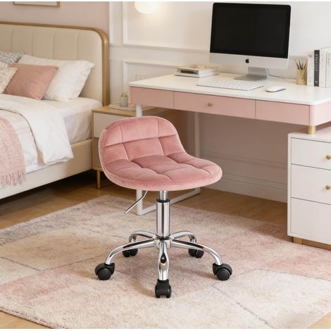 Silla de oficina de terciopelo rosa 38 x 31 cm, altura del asiento 43,5-55 cm, giratoria 360°, respaldo bajo y pistón de gas (1/5)