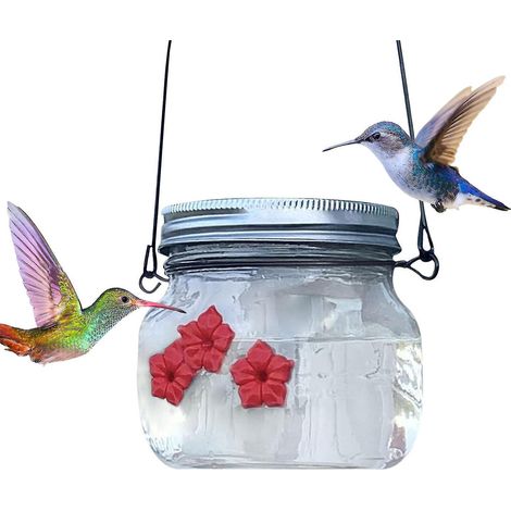 Mangeoire à colibris portable à suspendre pour l'extérieur, mangeoire à oiseaux en forme de fleur remplie de liquide, en bocal Mason. (1/5)