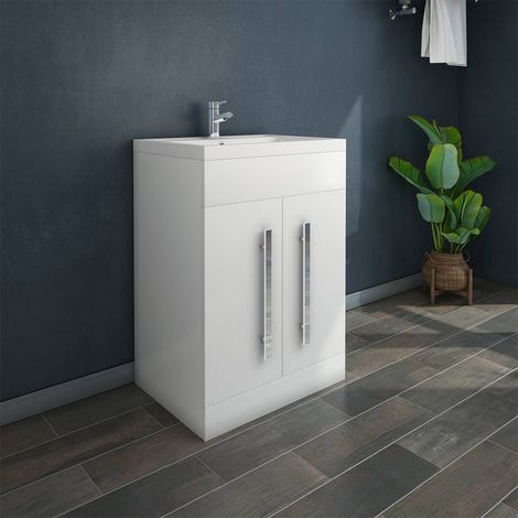 NRG White Bathroom Furniture Storage Cabinet Freestanding Vanity Unit & Basin - 600mm (1/5)