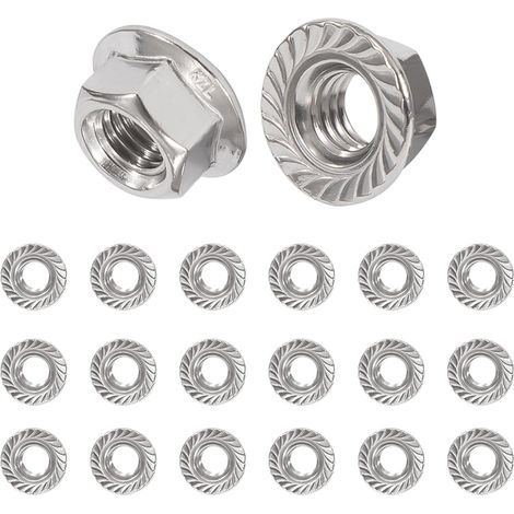 Tuercas de brida M6, tuerca de freno en acero inoxidable, tuerca de bloqueo hexagonal con dentado según norma DIN 6923, 20 piezas (1/5)