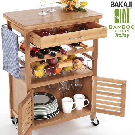 Carrello Cucina in legno BAMBU con Portabottiglie Cassetto Posate Cesto Acciaio (1/5)