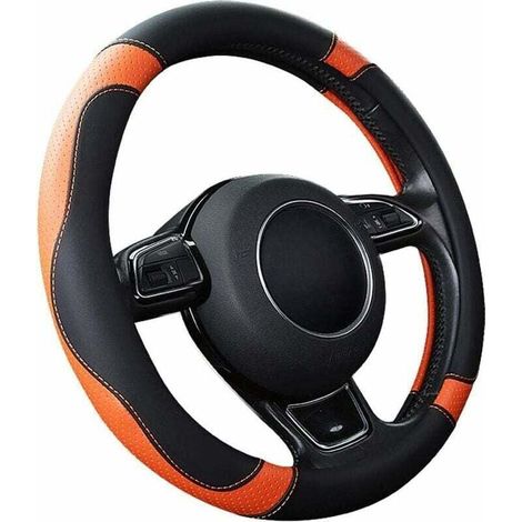Universeller Autolenkradbezug (37-38 cm), aus rutschfestem, atmungsaktivem und strapazierfähigem Mikrofaserleder, orange. (1/4)