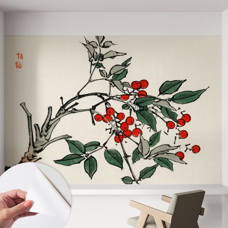 Papier peint adhésif avec colle pour décoration moderne de salon chambre à coucher cuisine et bureau Facile Une branche de baies 152x104 cm (1/5)