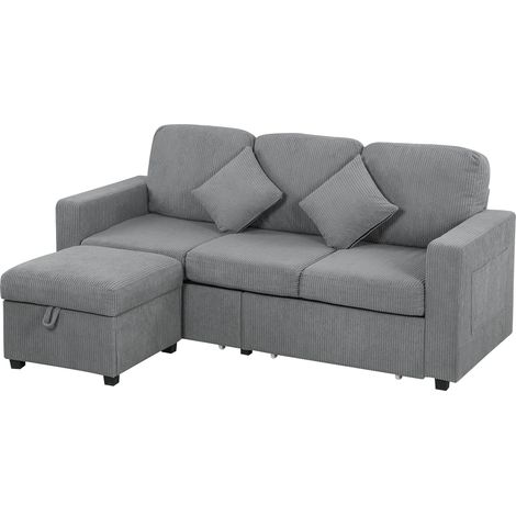 HOMCOM Divano 3 Posti in Velluto a Coste e Pouf Contenitore 196x139x85 cm Grigio