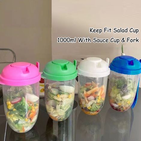 Saladier portable Mason jar 1000 ml vert avec couvert, bol à salade léger pour petit-déjeuner, lot de 1 gobelet repas avec fourchette et couvercle. (1/5)