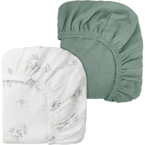 Lot de 2 Drap-housse Mousseline Coton 80x40cm, Ajustement Universel, Pour Berceau Et Couffin, Vert (1/5)
