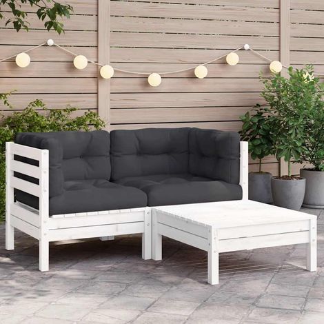 3-tlg. Garten-Lounge-Set mit Kissen in Weiß Kiefer Massivholz