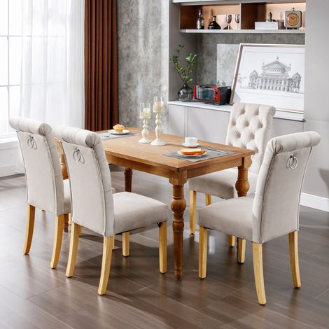 Salle à manger ou salon, lot de 4 chaises en velours beige avec pieds en chêne, dossier courbé et anneau (1/5)