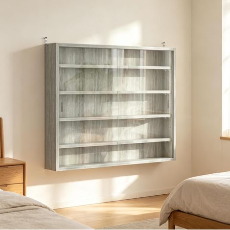 Vitrina mural 80 x 9,5 x 60 cm con 4 estantes regulables, gris HAVRYA (1/5)