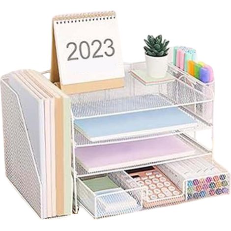 Schreibtisch-Organizer und Zubehör, 4-stöckige Aktenablage mit Zeitschriftenablage, Schublade und 2 Stiftebechern für Multifunktional (1/5)