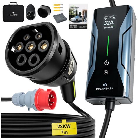 Electric Car Charger 22kW Three Phase Type 2, Red CEE 32A Plug, 23 ft (1/5)