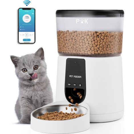 PUPPY KITTY Distributeur Croquettes Chat Automatique, 2.4G WiFi 4L Distributeur Croquettes Chat & Chien, Connecté App, Enregistrement Vocal 10S, 1-10 Repas par Jour (Blanc) (1/5)