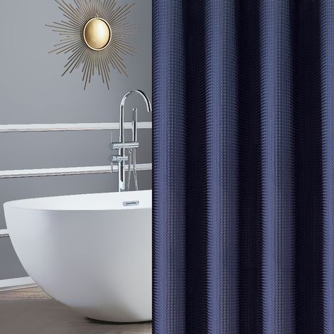 Rideau de douche bleu marine 150 x 180 cm à motif gaufres avec anneaux métalliques (1/4)