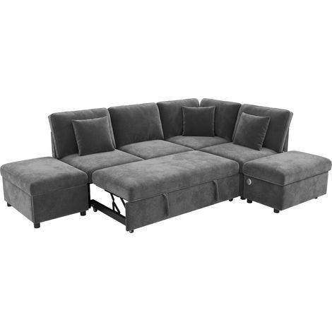 Sofá Esquinero Modular Convertible de 4 a 5 Plazas, Cama Extraíble con Almacenaje, 3 Cojines, Chenilla, Gris (1/5)