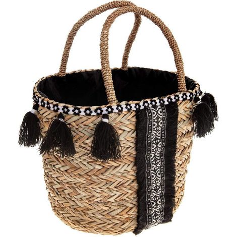 Panier en roseau avec pompons, dimensions 41 x 20 x 30 cm, couleur noire, livraison gratuite (1/2)