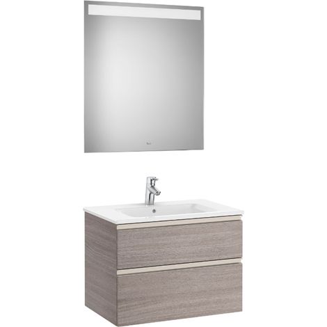 Pack meuble "The Gap" 700 - 2 tiroirs + lavabo slim + miroir LED - city oak/poignées nickel mat - Roca (1/2)