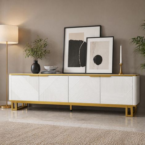 Meuble TV blanc minimaliste 160x37,5x48 cm – 4 portes – Design géométrique moderne – gestion des câbles – MDF + cadre métal (1/5)