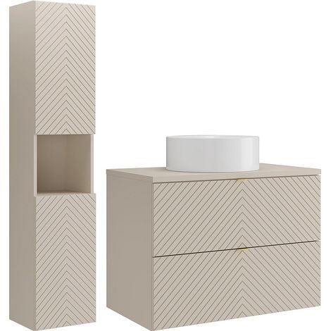 Meuble de salle de bain suspendu en chevrons avec vasque à poser ronde et colonne - Beige - 80 cm - DORIONI (1/4)