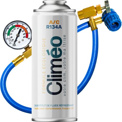 Climeo 400ml + Schlauch mit Manometer - Ökologisches Kältemittel R134a/R12 Unabhängiger Klimaanlagenservice