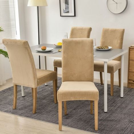 4-teiliger Samt-Stuhlbezug, gerader Spandex-Abschluss mit Gummiband, Grand Lady Samt-Esszimmerstuhl für Restaurant, Hotel, Party und Bankett, Neu Beige