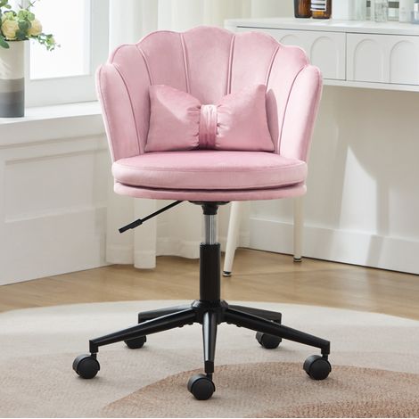 Chaise de bureau pivotante réglable en hauteur, velours rose, avec coussin lombaire DESVIAE (1/5)