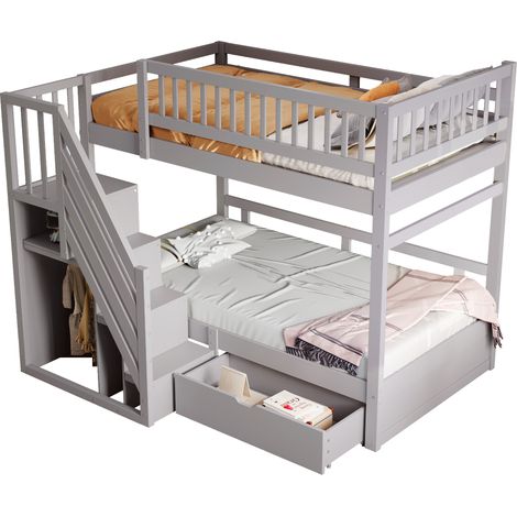 Litera, Cama 2 Plazas con Escalera con Almacenaje, Cajón y Barandillas, 90 × 200 cm, sin Colchón (1/5)