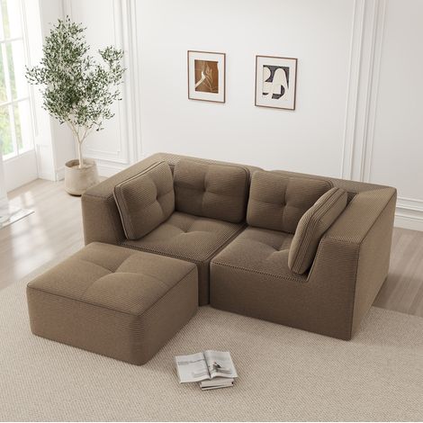 Canapé d’angle modulaire 2 places brun en velours côtelé avec repose-pieds mobile (1/5)