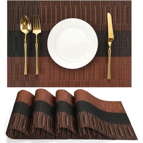 Sets de Table Lot de 4, Set de Table Lavable Plastique PVC Tissé Sets de Table Résistant à l'usure à la Chaleur pour Table de Cuisine (Noir Marron, Lot de 4) (1/5)