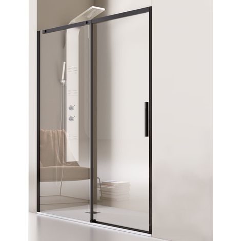 Mampara de Ducha Frontal- 1 Hoja Fija y 1 Puerta Corredera- Cristal de Seguridad de 8 mm - Modelo Luna Black (116 - 120 cm) (1/2)