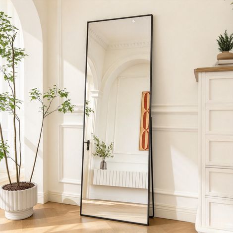 Miroir Rectangulaire Pleine Longueur, Fixation Murale/Sol, 177cm x 77cm x 1.5cm, avec Cadre en Aluminium, pour Salon, Chambre à Coucher, Couloir-Noir (1/5)