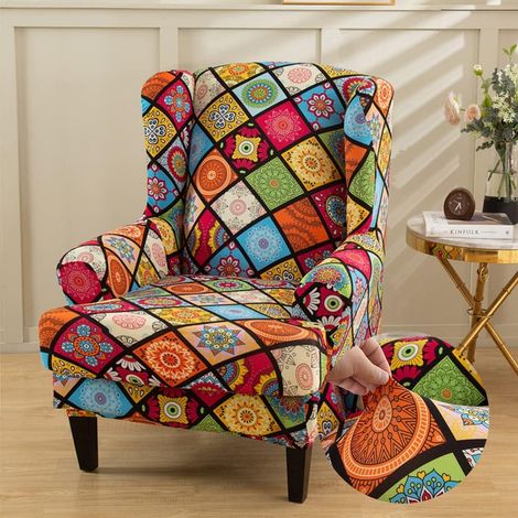 Housse de Fauteuil à Oreilles Extensible 2 pièces Couverture de Fauteuil Imprimé pour Strandmon Housse de Fauteuil Antidérapante Amovible pour Salon, Hôtel, Chambre (Mandala Multicolore) (1/5)