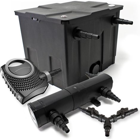 SunSun Komplettset: CBF-350 Teichfilter bis 12000 L Teichfilteranlage als Durchlauffilter, CTF-8000 SuperECO Teichpumpe 8000l/h 70W, CUV-218 Teichklärer UVC Klärer mit 18W, Y-Verteiler