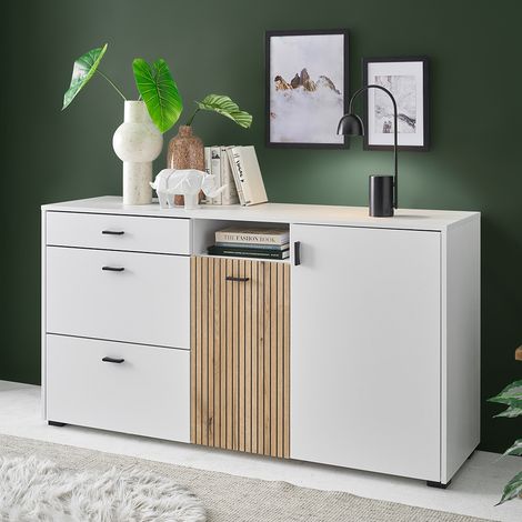 Kommode 150 cm breit weiß matt mit Eiche Rillen HUNTER-61 (1/5)