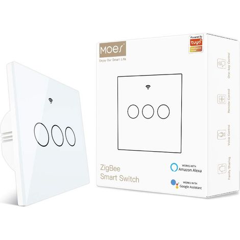 Smart Switch, Requires a Tuya ZigBee Hub, No Neutral Needed, No Capacitor, Compatible with Smart Life Tuya App Alexa Google Home, 3 Gang, White (1/5)