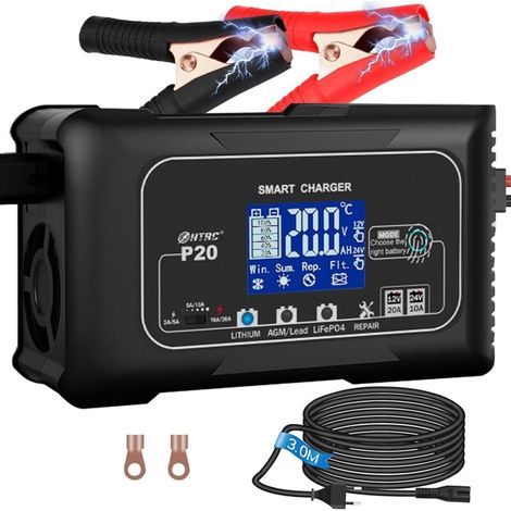 Compatible avec Aiperq – Chargeur de batterie 20 A 12 V/24 V – Écran LCD – Charge automatique en 7 étapes – Compatible avec les batteries au lithium et au plomb-acide – Batteries lithium-fer-phosphate (1/2)