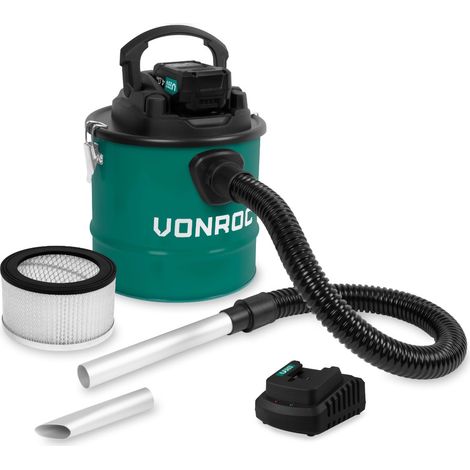 Vonroc – Aspirateur à cendres 20V avec batterie 4.0Ah – Réservoir 12L – Filtre HEPA lavable – Pour cendres refroidies et poussières fines