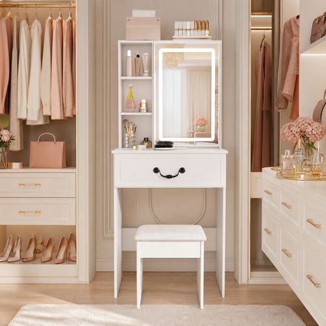 MEUBLIV Toeletta bianca 60x36 cm con specchio LED dimmerabile, vano nascosto e sgabello (1/5)