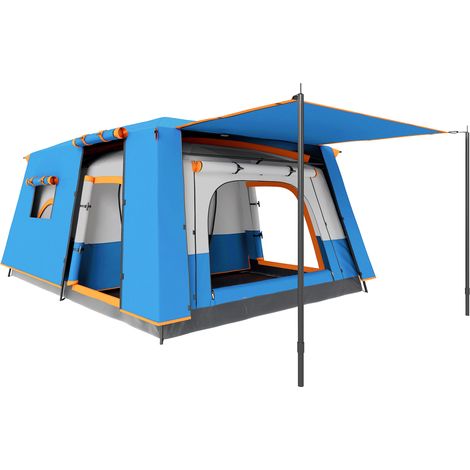 Tente familiale 4 à 6 personnes avec 2 chambres, salon et protection imperméable 430 x 305 cm gris et bleu