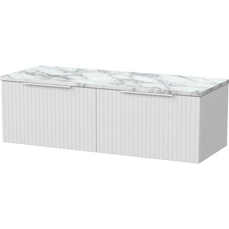 Callingwood Contemporary Wall Hung 2 Drawer Vanity Unit with Carrera Marble Laminate Worktop , 1200mm, Matt White