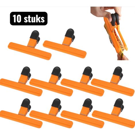 Lot de 10 pinces fraîcheur extra-larges (15,5 cm) pour sacs de congélation et grands emballages. Matière plastique, couleur orange. (1/5)